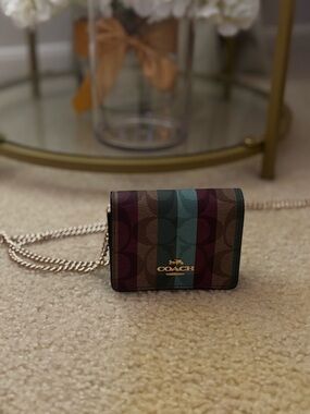 Coach Mini Card Case Crossbody Bag in Burgundy, Teal and Brown Stripe